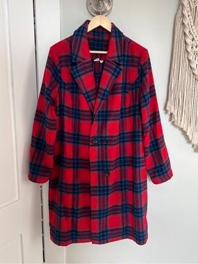 BP Red & Navy Plaid Wool-Blend Coat